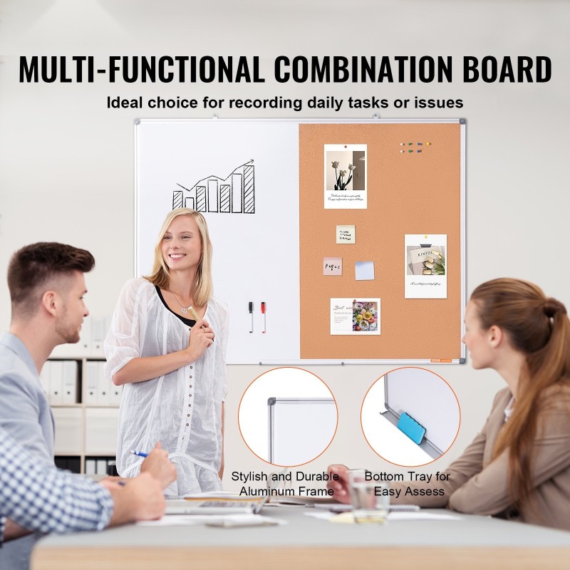 Yhdistelmätaulu alumiinikehyksellä 90 x 120 cm magneettinen valkotaulu ja korkkitaulu seinäkiinnitys