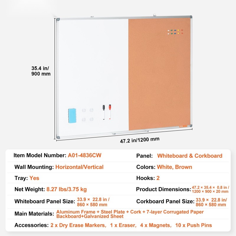 Yhdistelmätaulu alumiinikehyksellä 90 x 120 cm magneettinen valkotaulu ja korkkitaulu seinäkiinnitys