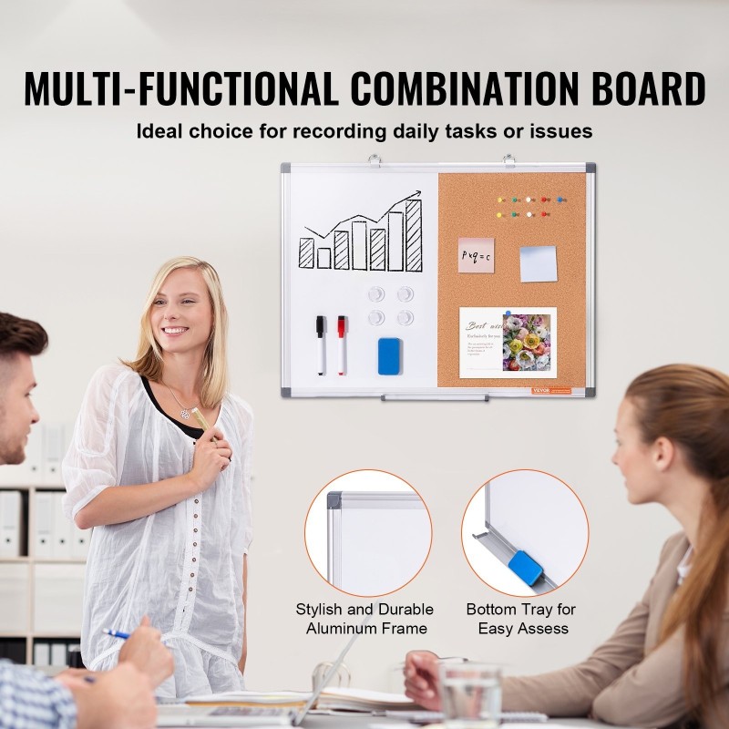 Yhdistelmätaulu alumiinikehyksellä 450×600 mm magneettisella valkotaululla ja korkkiosalla kynäkourulla