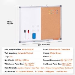 Yhdistelmätaulu alumiinikehyksellä 450×600 mm magneettisella valkotaululla ja korkkiosalla kynäkourulla