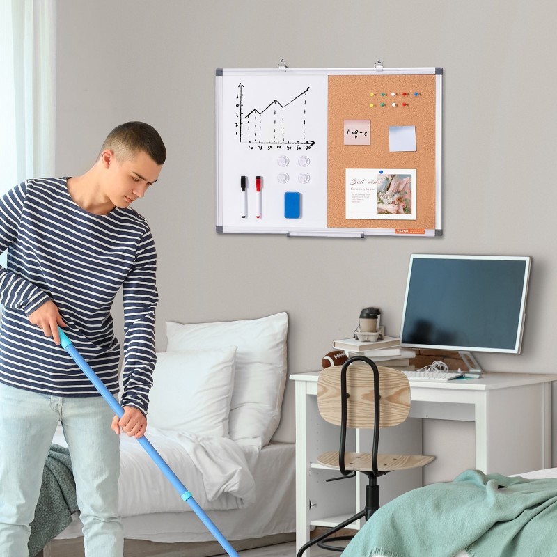 Yhdistelmätaulu alumiinikehyksellä 450×600 mm magneettisella valkotaululla ja korkkiosalla kynäkourulla