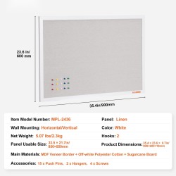 Korkkitaulu pellavapintainen 90 x 60 cm valkoinen kehys seinälle