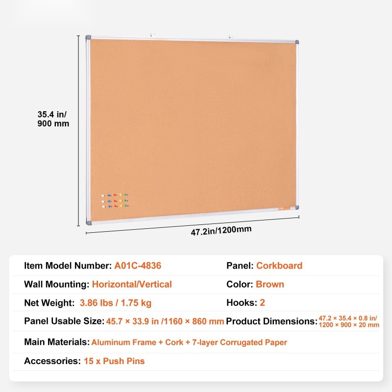 Korkkitaulu alumiinikehyksellä 1200×900 mm korkkipinta seinälle kestävä tausta