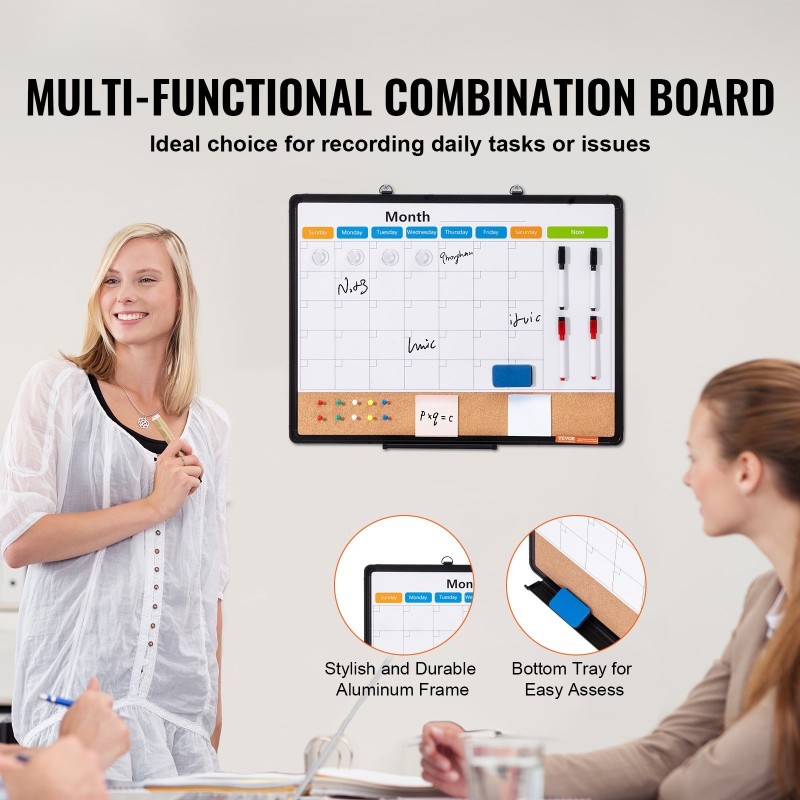 Seinäyhdistelmätaulu 24×18 tuumaa magneettinen kuivapyyhittävä valkotaulu ja korkkitaulu alumiinikehyksellä