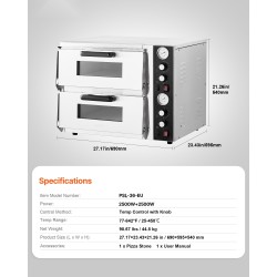 Sähköinen kaksitasoinen pöytäpizzauuni 25–450 °C 2500W+2500W omilla säädöillä