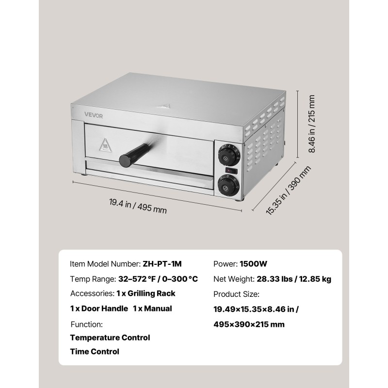 Sähköinen pizzauuni työtasolle 12-tuumainen 1500W ruostumaton teräs lämpötila ja aikasäätö