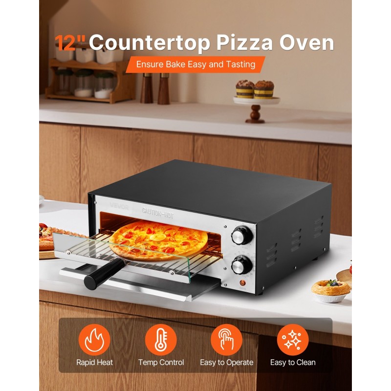 Sähköinen pöytämallinen pizzauuni 12-tuumaisille pizzoille lämpötilansäädöllä irrotettavalla murupellillä
