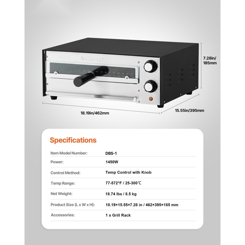 Sähköinen pöytämallinen pizzauuni 12-tuumaisille pizzoille lämpötilansäädöllä irrotettavalla murupellillä