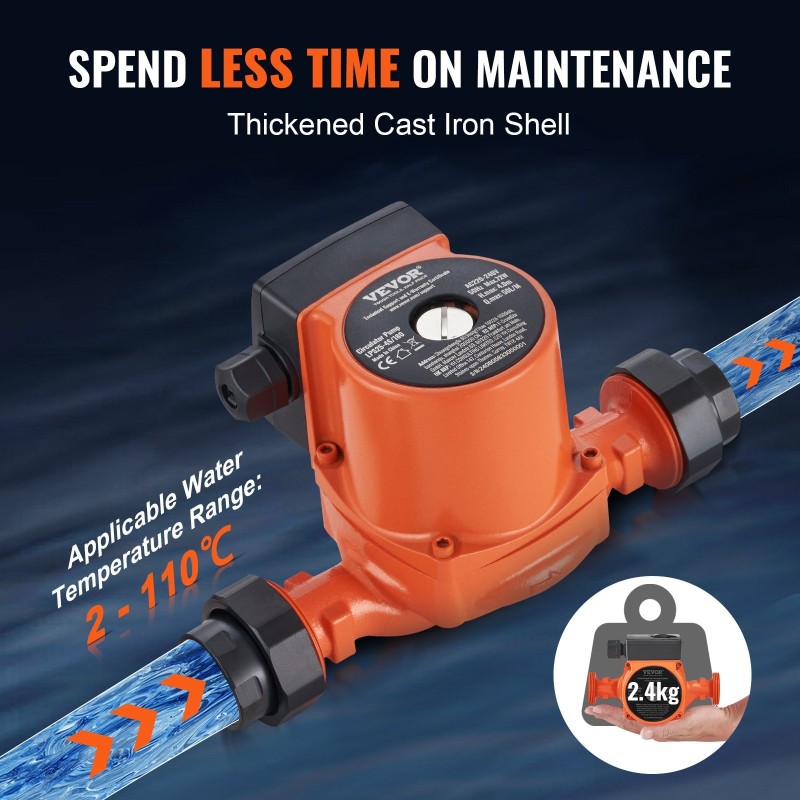 Kiertovesipumppu valurautarunko kuparimoottori 50 L/min 4 m 38 mm kierreliitäntä kolmiportainen nopeudensäätö