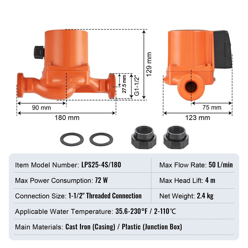 Kiertovesipumppu valurautarunko kuparimoottori 50 L/min 4 m 38 mm kierreliitäntä kolmiportainen nopeudensäätö
