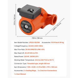 Valurautainen kiertovesipumppu 220–240 V 260 W 110 l/min kierreliitäntä lämmitysjärjestelmiin