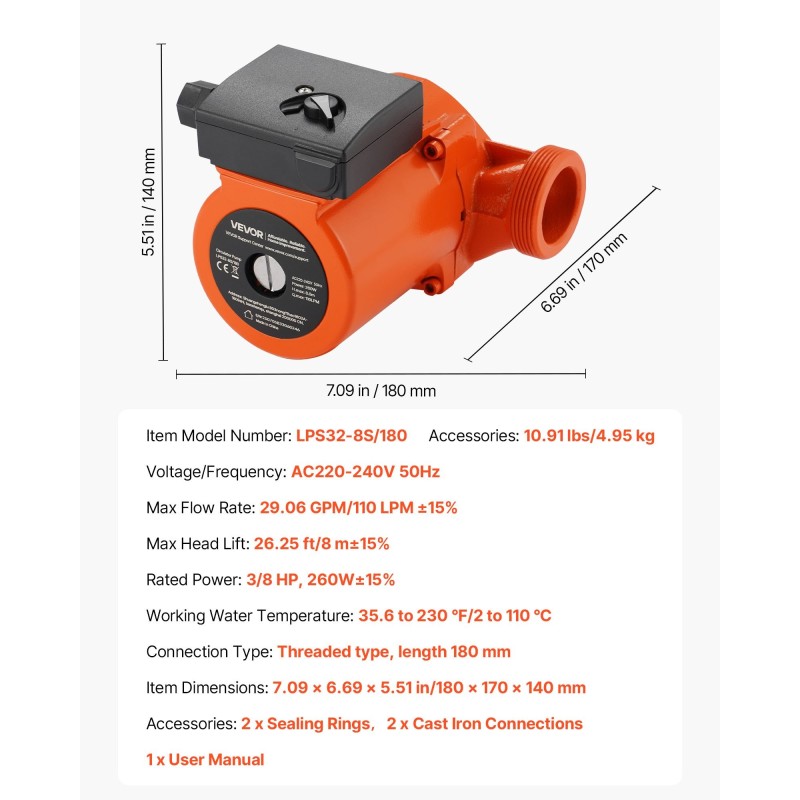 Valurautainen kiertovesipumppu 220–240 V 260 W 110 l/min kierreliitäntä lämmitysjärjestelmiin