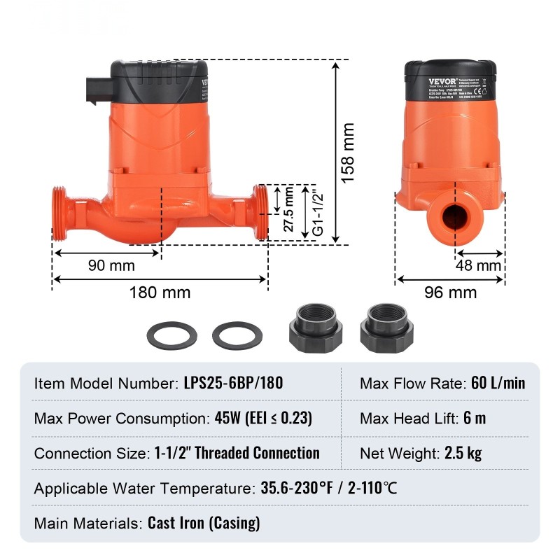Kiertovesipumppu valurautarunkoinen kestomagneettimoottorilla 38 mm kierreliitäntä 220V 45W 60 l/min