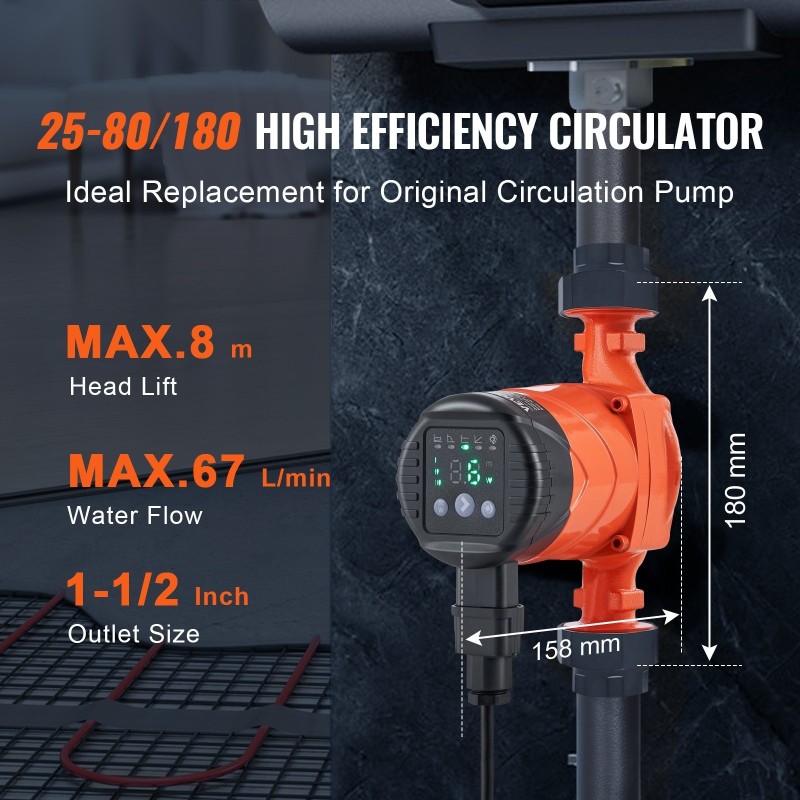 Lämminvesikiertopumppu valurautarunko 220V 67 l/min 8 m 38 mm kierteinen liitäntä