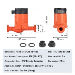 Lämminvesikiertopumppu valurautarunko 220V 67 l/min 8 m 38 mm kierteinen liitäntä