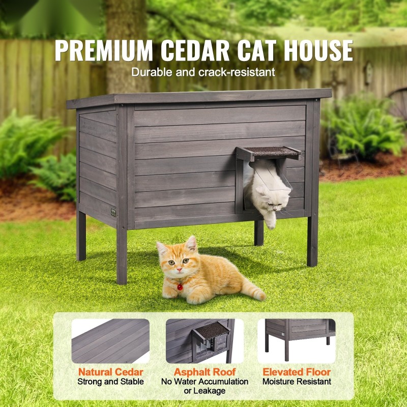 Ulkokissatalo setripuu 870×535×690 mm vaahtoeristetty PVC-oviverhot avattava katto usealle eläimelle