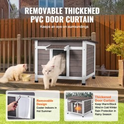 Puinen säänkestävä ulkokissatalo kuusipuusta 600x530x465 mm harmaa muoviverholla yksikerroksinen usealle kissalle