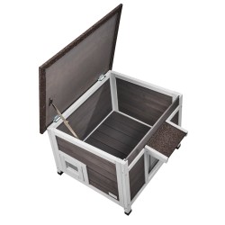 Puinen säänkestävä ulkokissatalo kuusipuusta 600x530x465 mm harmaa muoviverholla yksikerroksinen usealle kissalle