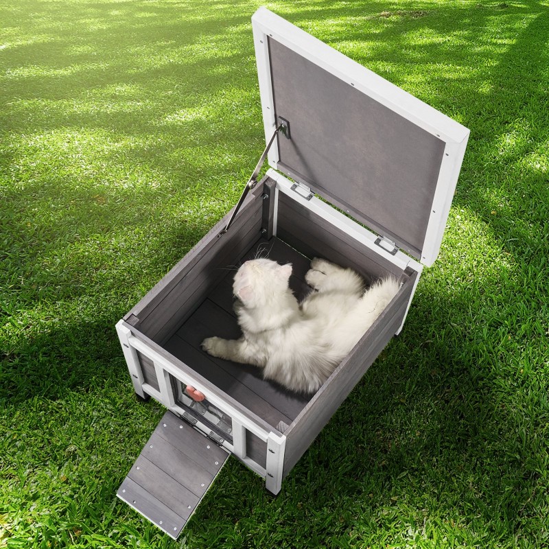 Ulkokissatalo setripuu säänkestävä muoviverhoilla avattavalla yläosalla 51x42x42 cm