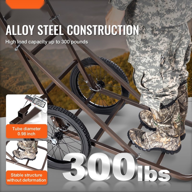 Taittuva riistankuljetusvaunu paksusta seosteräksestä 136 kg kantavuus täyskumirenkailla ergonomisella kahvalla