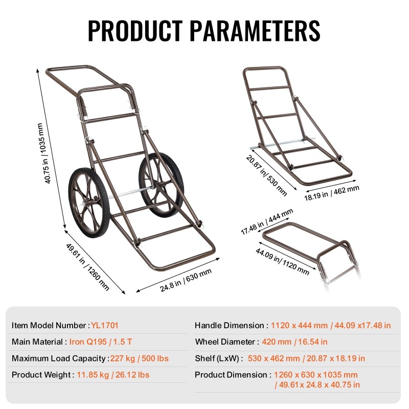 Taittuva riistakärry teräsrunko 227 kg kantavuus 420 mm kumirenkaat ergonominen kahva