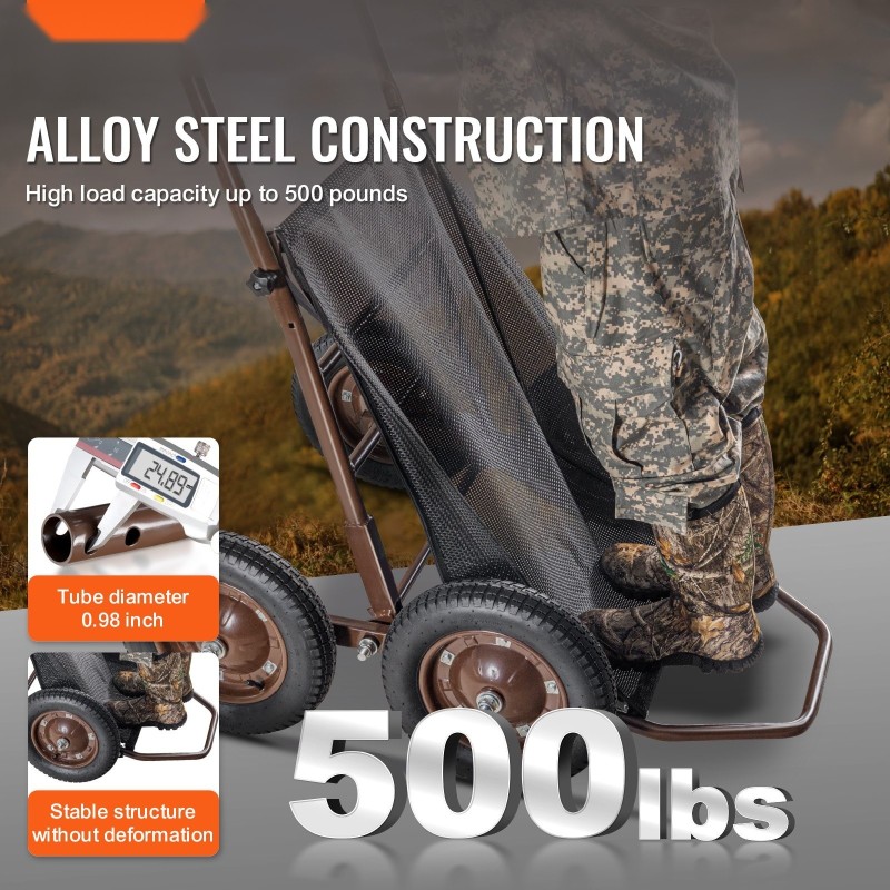 Taittuva riistakärry seosteräksinen runko 227 kilon kantavuus neljä ilmakumirengasta ergonominen kahva