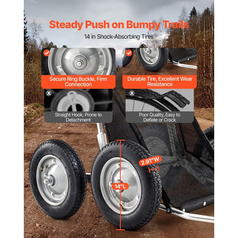 Taittuva metsästyskärry alumiiniseos ja sinkitty teräsrunko 227 kg kantavuus nelirenkaat