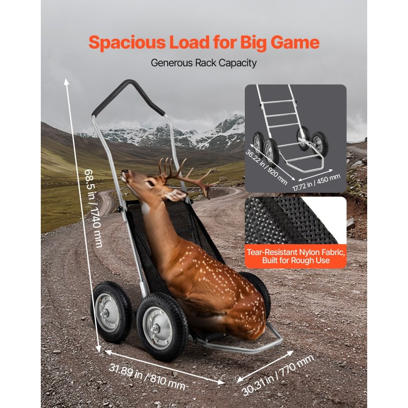 Taittuva metsästyskärry alumiiniseos ja sinkitty teräsrunko 227 kg kantavuus nelirenkaat