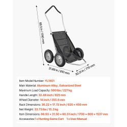 Taittuva metsästyskärry alumiiniseos ja sinkitty teräsrunko 227 kg kantavuus nelirenkaat