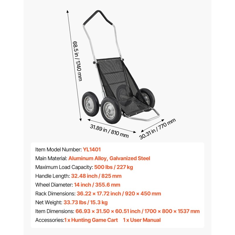 Taittuva metsästyskärry alumiiniseos ja sinkitty teräsrunko 227 kg kantavuus nelirenkaat