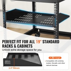 2U telinehylly hiiliteräs 19-tuuman verkkotelineisiin 406 mm syvyys 22,68 kg kantavuus