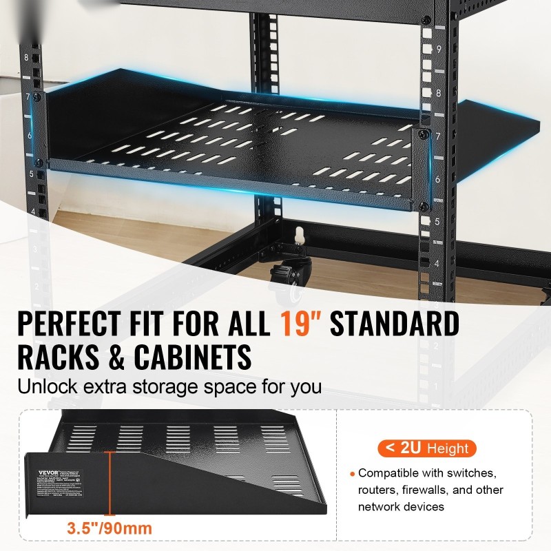 2U telinehylly hiiliteräs 19-tuuman verkkotelineisiin 406 mm syvyys 22,68 kg kantavuus