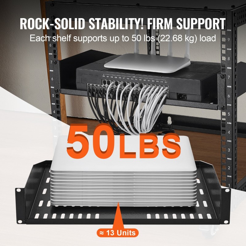 2U telinehylly hiiliteräs 19-tuuman verkkotelineisiin 406 mm syvyys 22,68 kg kantavuus