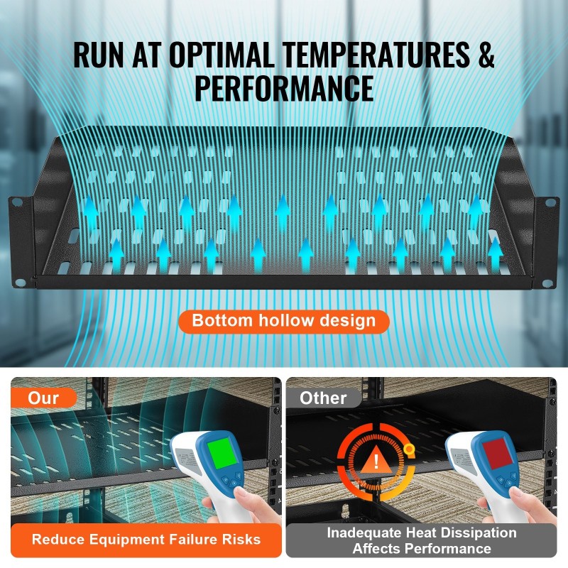 2U telinehylly hiiliteräs 19-tuuman verkkotelineisiin 406 mm syvyys 22,68 kg kantavuus