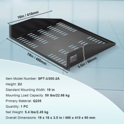 2U telinehylly hiiliteräs 19-tuuman verkkotelineisiin 406 mm syvyys 22,68 kg kantavuus