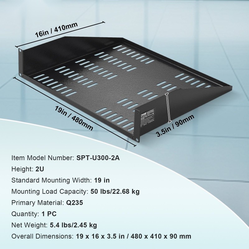 2U telinehylly hiiliteräs 19-tuuman verkkotelineisiin 406 mm syvyys 22,68 kg kantavuus