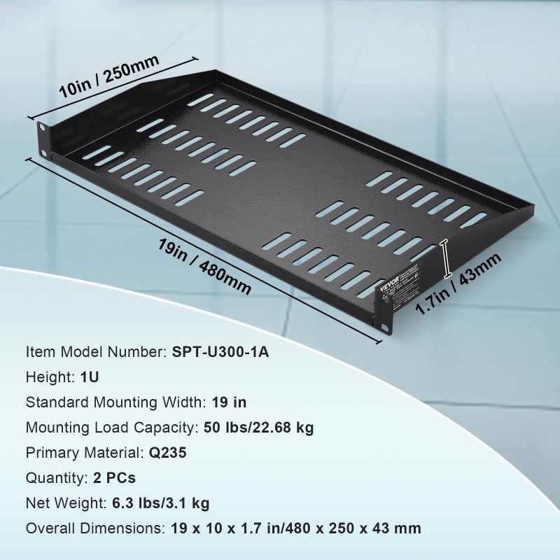 1U palvelinrähylly 2 kpl hiiliteräs 254 mm 19 tuuman 23 kg