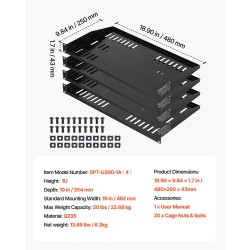 1U räkkihyllysarja 4 kpl hiiliteräs tuuletettu 22,68 kg kantavuus 254 mm syvyys