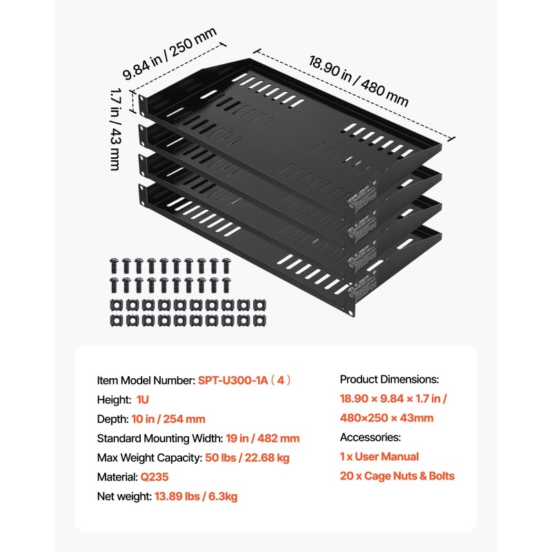 1U räkkihyllysarja 4 kpl hiiliteräs tuuletettu 22,68 kg kantavuus 254 mm syvyys