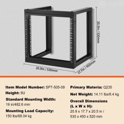 9U seinäkiinnitteinen avokehikkoinen palvelin ja verkkoteline hiiliteräs 68 kg musta