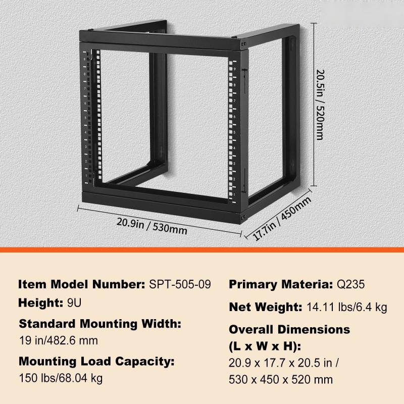 9U seinäkiinnitteinen avokehikkoinen palvelin ja verkkoteline hiiliteräs 68 kg musta