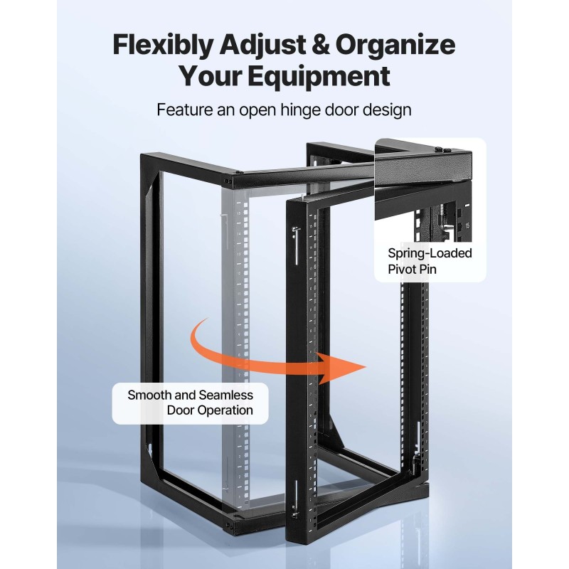 15U seinäkiinnitteinen hiiliteräs verkkoteline 180 asteen ovella 68 kg kantavuus