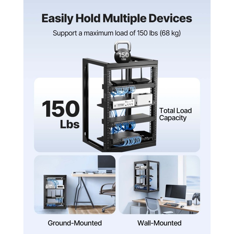 15U seinäkiinnitteinen hiiliteräs verkkoteline 180 asteen ovella 68 kg kantavuus