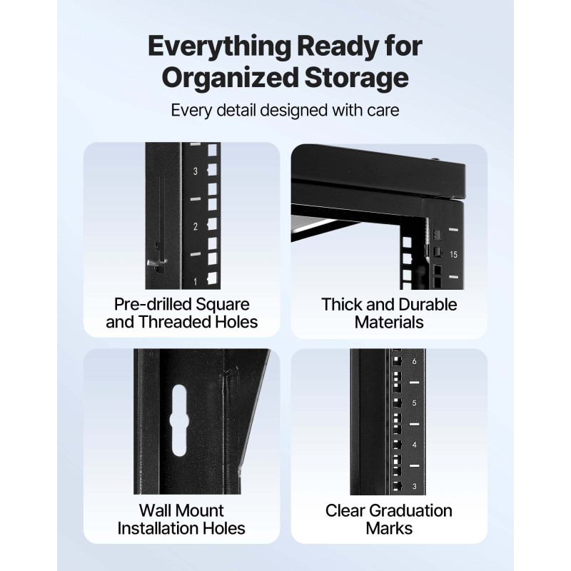 15U seinäkiinnitteinen hiiliteräs verkkoteline 180 asteen ovella 68 kg kantavuus
