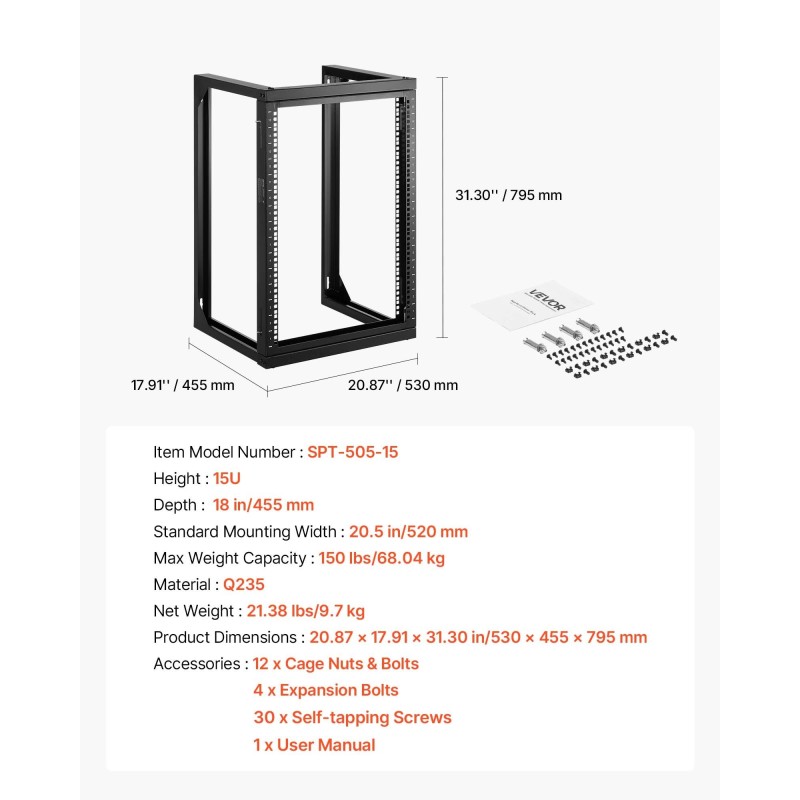 15U seinäkiinnitteinen hiiliteräs verkkoteline 180 asteen ovella 68 kg kantavuus