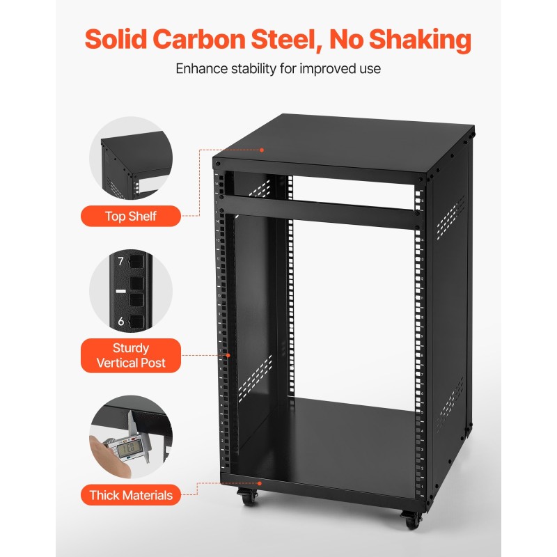 16U avoin audio- ja videoteline hiiliterästä 90,7 kg kantavuus lukittavat pyörät