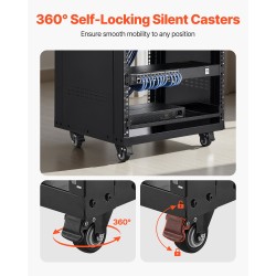 16U avoin audio- ja videoteline hiiliterästä 90,7 kg kantavuus lukittavat pyörät