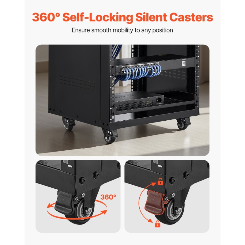 16U avoin audio- ja videoteline hiiliterästä 90,7 kg kantavuus lukittavat pyörät