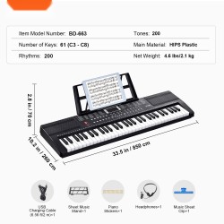 61-koskettiminen digitaalipiano 200 ääntä 200 rytmiä 60 demokappaletta sisäänrakennetut kaiuttimet kuulokkeet mukana
