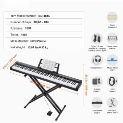 Digitaalipiano 88 kosketinta puolipainotetut koskettimet sisäänrakennetut kaiuttimet säädettävä teline Bluetooth USB